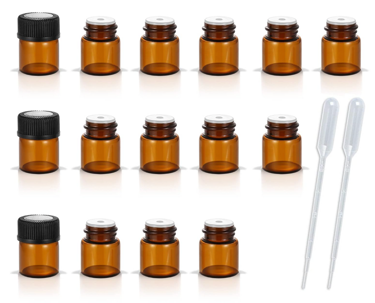1 ml (1/4 dram) Amber Glass Vials w/ Orifice Reducer, Black Caps, and two pipettes (Pack of 12)