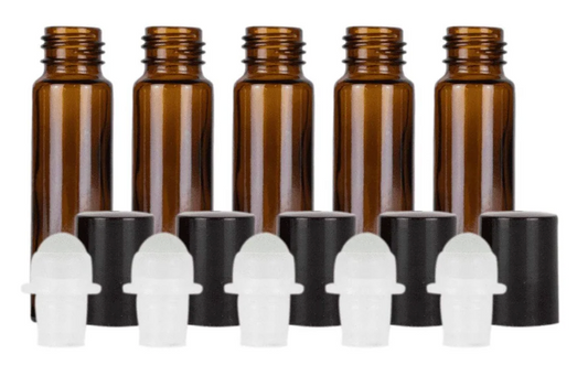 10mL Amber  Glass Roller Bottle - 5 pack with bonus pipette