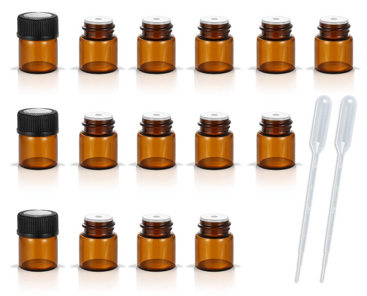 1 ml (1/4 dram) Amber Glass Vials w/ Orifice Reducer, Black Caps, and two pipettes (Pack of 12)