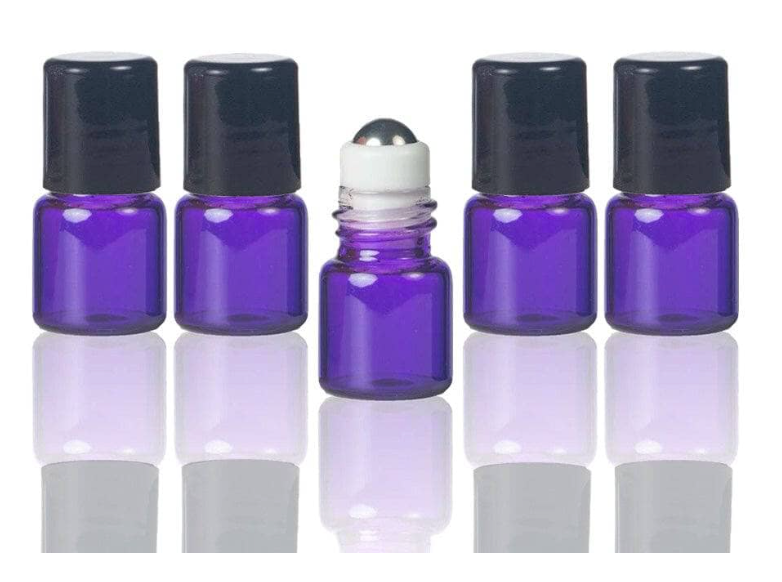 1/4 dram Purple Glass Vial w/ Stainless Steel Roller & black caps (Pack of 5)