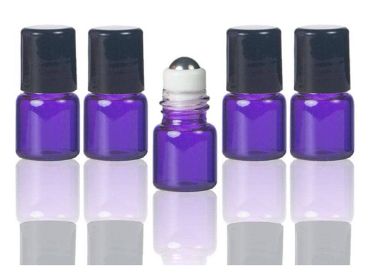 1/4 dram Purple Glass Vial w/ Stainless Steel Roller & black caps (Pack of 5)
